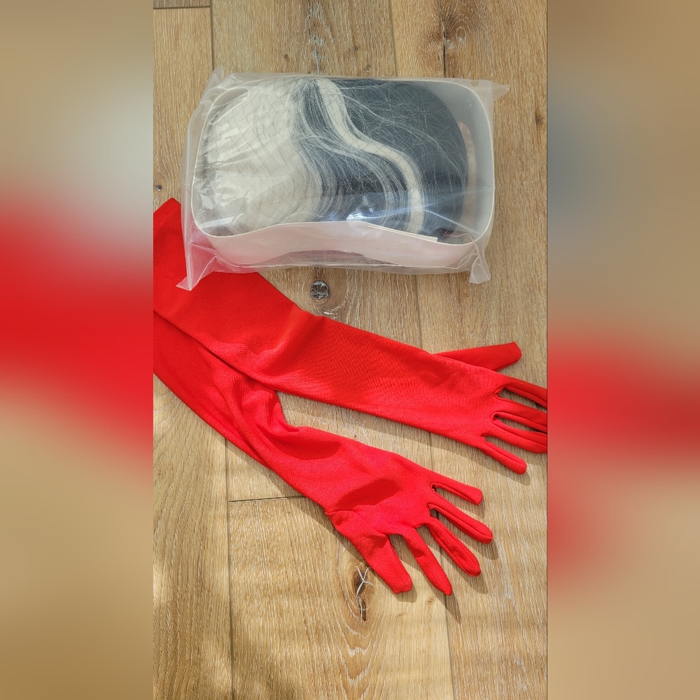 Cruella wig and red gloves
